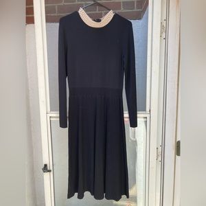 Midi long sleeve elegant dress with pearl neck embellishment